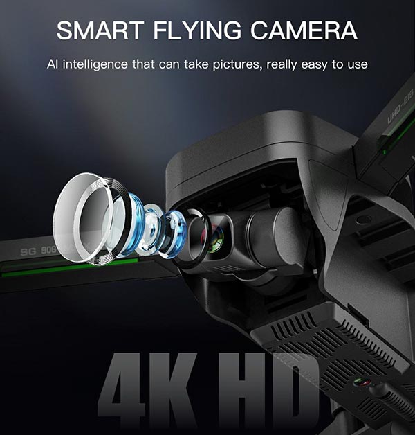 لنزهایی که در دوربین کوادکوپتر SG906 به کار رفته اند در این تصویر نشان داده شده است که کیفیت تصاویر را بالا میبرد