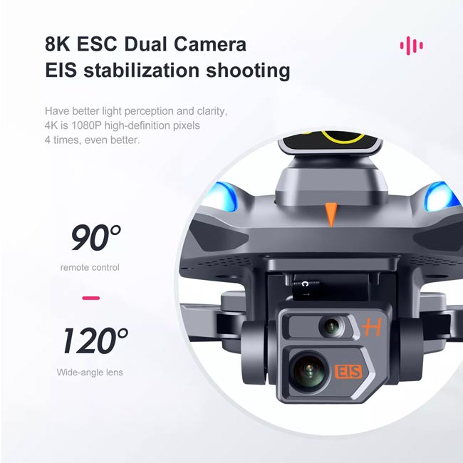 پهپاد K911 Max دارای دوربین متحرک 90 درجه و واید است و لرزشگیر الکترونیکی تصویر دارد