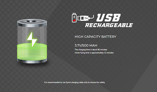 باتری تکسل لیتیوم-پلیمر با ظرفیت ۵۰۰ میلی آمپر می تواند تا ۱۲ دقیقه پرواز را برای کواد کوپتر هلی کوپتر syma Z5 فراهم کند