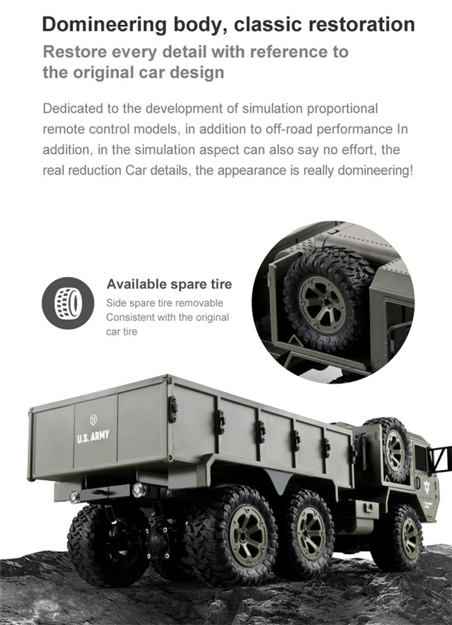 طراحی بدنه کاملا جنگی، یک چرخ زاپاس در کناره کامیون برای مواقع اضطراری تعبیه شده است. 