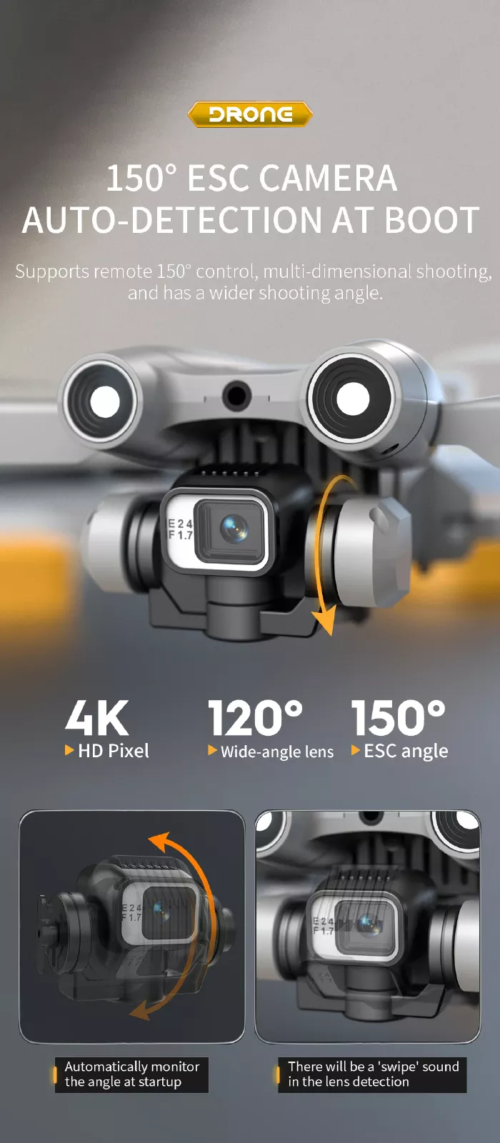 دوربین کوادکوپتر kf610 قابلیت چرخش دارد و دارای زاویه دید واید 120 درجه است